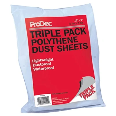 Image of ProDec Triple Pack 12&#039; x 9&#039; Lightweight Polythene Dust Sheet, Dustproof and Waterproof Ideal for Covering Protecting Floors Furniture from Spills Splashes When Painting Decorating