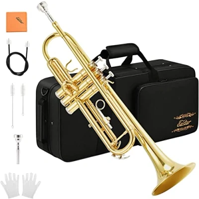 Image of Eastar Bb Standard Trumpet Set for Beginner, Student Brass Instrument with Hard Case, Cleaning Kit, 7C Mouthpiece and Gloves, ETR 380, Golden