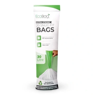 Image of EcoBag 20 Pack White Kitchen Drawstring Bin Liner 30L 25 Microns Heavy Duty, Extra Strong, Brabantia Compatible, Eco Friendly, Tear Resistant, Clear Recycling Bags (465 x 750mm)