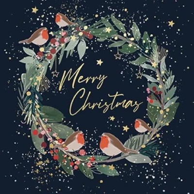 Image of Paperlink Charity Christmas Cards Winter Wreath and Robins with Foil Details Eco Friendly Recyclable Pack of 6
