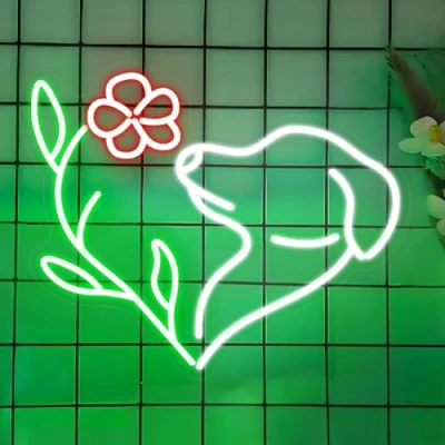 Image of Dog Neon Signs, Flower Lights for Lover, LED Dimmable Light Up Sign USB Powered Pet Shop Store Party Bedroom Living Room Home Wall Decor