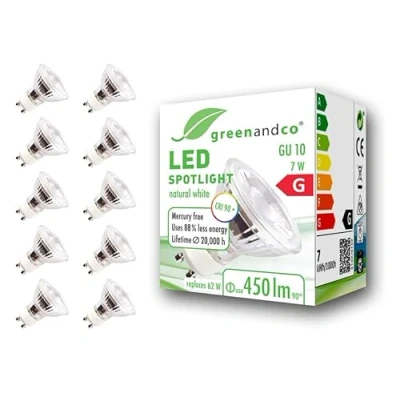 Image of greenandco® CRI 90+ 4000K 36 LED spot Replaces 62 Watt GU10 Halogen Spotlight, 7W 450 Lumen Neutral White 230V, no Flicker, not dimmable, 10 Pack