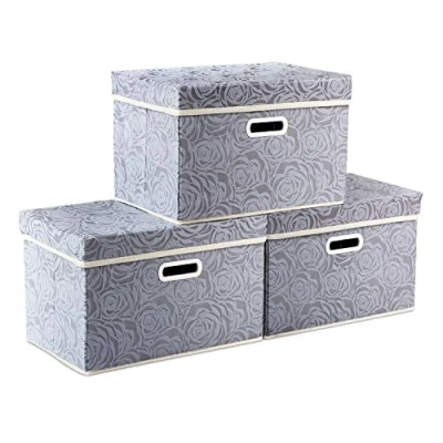Image of PRANDOM Collapsible Storage Boxes with Lids Fabric Decorative Bins Cubes Organizer Containers Baskets Cover Handles Divider for Bedroom Closet Living Room 14.9x9.8x9.8 Inch 3 Pack