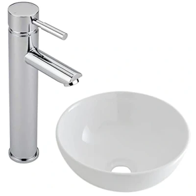 Image of Milano Irwell White Round Countertop Bathroom Basin Sink High Rise Mono Mixer Tap 320mm