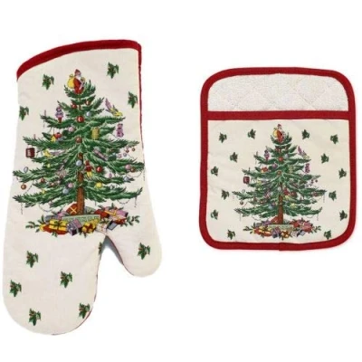 Image of Spode Christmas Tree Oven Mitt and Pot Holder Set