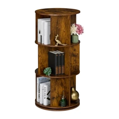 Image of Relaxdays Rotating Bookcase, 15 Compartments, HxD: 104x50 cm, Wood Effect, Shelf for Books &amp; DVDs, Round Design, Brown, Fibreboard, Steel, 104x50cm