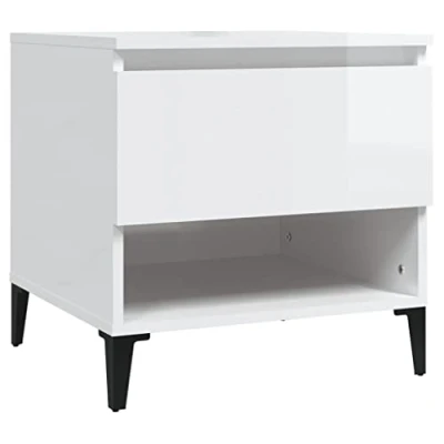 Image of vidaXL High Gloss White Side Table Engineered Wood Construction, Stable Metal Feet Spacious Drawer and Compartment