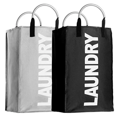 Image of IHOMAGIC Laundry Hamper 2 Pack Bag Collapsible 40L Foldable Fabric Washing Clothes Sorter Portable Storage Carry Handles to Bathroom Home or traval Bag, Light Grey+Black