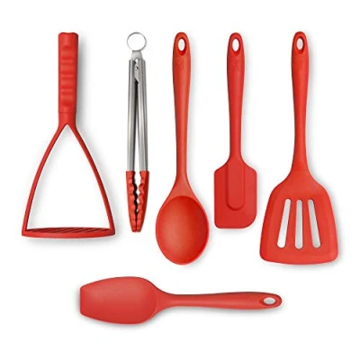 Image of Zeal JSET47R Non Stick Silicone Tongs, Turner, Cooks Spoon, Spatula &amp; Masher 6 Piece Set Red