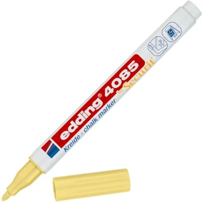 Image of edding 4085 chalk marker pastel yellow 1 pen round tip 2 mm fine tipped wet wipe for chalkboards, windows,glass,mirrors liquid pens opaque coverage