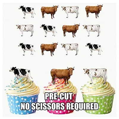 Image of AK Giftshop PRE CUT Farm Animals Cows Mix Edible Cupcake Toppers/Cake Decorations (Pack of 12)