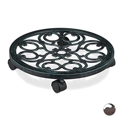 Image of Relaxdays Round Plant Caddy, Metal Flower Pot Roller for Indoors &amp; Outdoors, Antique Look, Ø 38 cm, Green, aluminum, plastic, Pack of 1