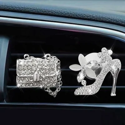 Image of 2 Pack Car Air Vent Clip Charms, Crystal Diffuser Clip, Rhinestone Oil Fresheners for Women, Bling Accessories Women Stylish &amp; Practical (Handbag Highheel)