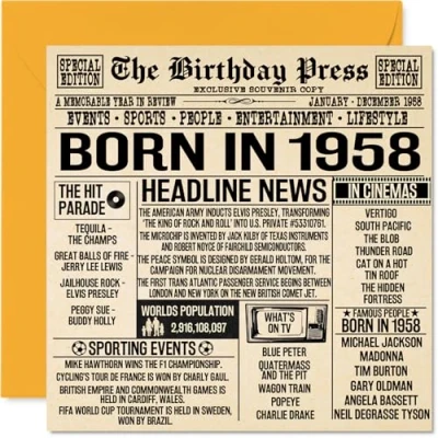 Image of 66th Birthday Cards for Men Women Born In 1958 Newspaper Happy 66 Card Grandad Grandma Nan Vintage Retro Back 1958, 145mm x Sixty Six Sixth Bday Greeting
