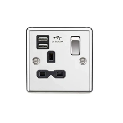Image of KnightsBridge 13A 1G Switched Socket Dual USB Charger Slots with Black Insert Rounded Edge Polished Chrome