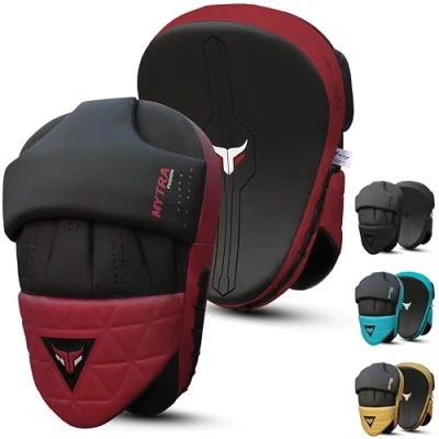 Image of Mytra Fusion Boxing Pads Curved Kickboxing MMA, Muay Thai, Martial Arts, Punching, Karate Training Mitts (Black/Maroon)