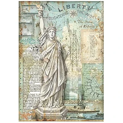 Image of Stamperia International Rice Paper Sir Vagabond Aviator Statue of Liberty, White, OSFA