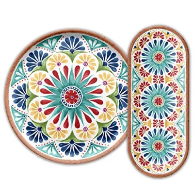 Image of Purely Home Rio Medallion Outdoor/Picnic/BBQ Plastic/Melamine Entertaining Platter Serving Set for Nibbles