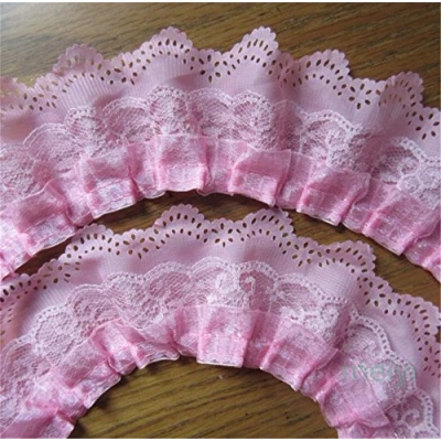 Image of 2 Yards 3 Layers Organza Gathered Lace Edge Trim Ribbon 6.5 cm Width Vintage Style Edging Trimmings Fabric Embroidered Applique Sewing Craft Wedding Bridal Dress DIY Clothes Embellishment (Pink)