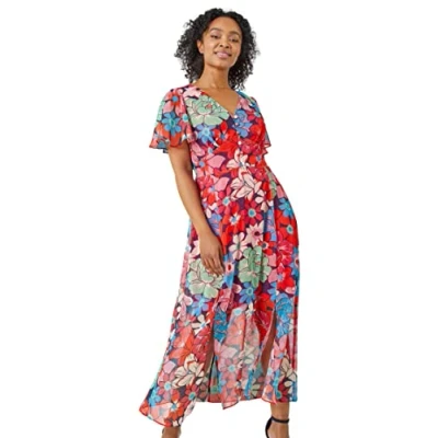 Image of Roman Petite Womens Button Detail Floral Midi Dress Pink Size 8 UK