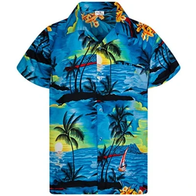 Image of King Kameha Men JK Surf Ugly Shirt Regular Button Down Short Sleeve Hawaii Shirt, Surf, Turquoise, L
