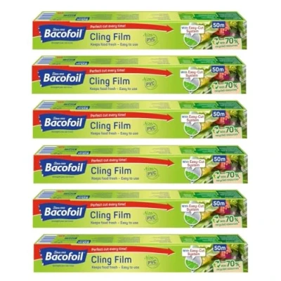 Image of Cling Film with Curved Blade PVC Free Easy Cut to Use BPA 100% Recyclable Perfect for Food Wrapping Freezing and Keeps Fresh 32.5cm x 50m Pack of 6