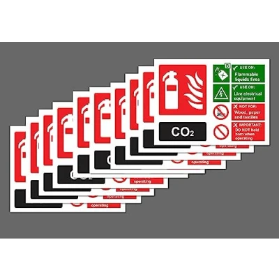 Image of CO2 Fire Extinguisher ID Safety Sign 150mm x 100mm (Pack of 10 Signs) Self Adhesive Stickers