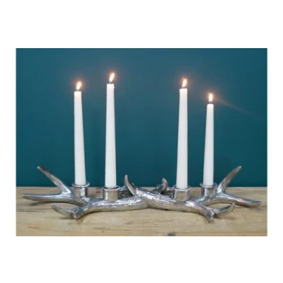 Image of Stag Antler 4 x Taper Dinner Candle Holder Resin : Silver Table Centrepiece