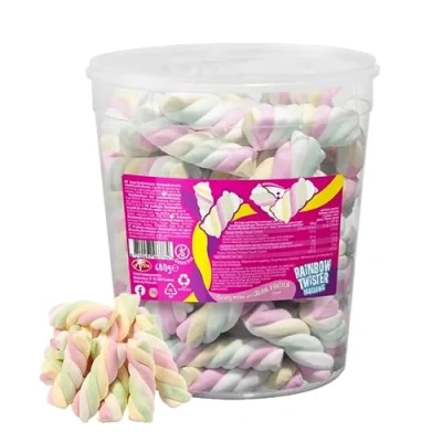 Image of Topline Frisia Rainbow Marshmallow Sweets Bulk 680g Twister Cable Mallows Confectionery with Cream Vanilla Tub of Card. Kids for Birthdays, Camping, Party Bag Fillers.