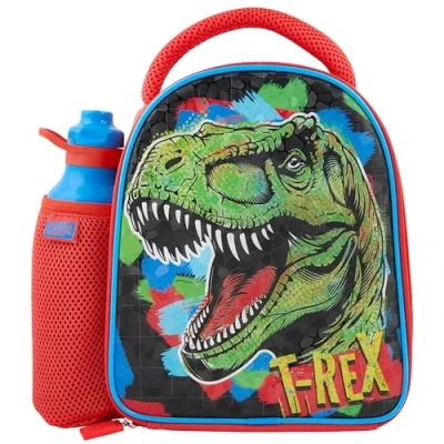 Image of Polar Gear Dino T Rex Insulated Kids Lunch Bag Holder and 600ml Water Bottle, Polyester, 600 milliliters, Red