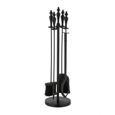 Image of Relaxdays 5 piece Fireplace Tool Set, Poker, Ash Shovel, Broom, Tongs &amp; Stand, Accessories, 77 x 20.5 cm, Black, Iron