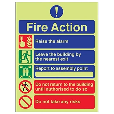 Image of V Safety 12006AN GS Glow In The Dark 5 Message Risks Fire Action Notice Sign 150mm x 200mm Self Adhesive Vinyl