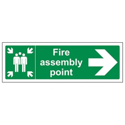 Image of V Safety Fire Assembly Point Arrow Right Sign Landscape 300mm x 100mm 2mm Rigid Plastic