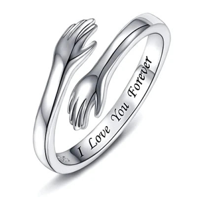 Image of 925 Sterling Silver Hug Rings for Women, I love you Forever Mother Gift Sister Gifts Engraved Words Hugging Hands Open Ring Friendship Jewelry (I forever)
