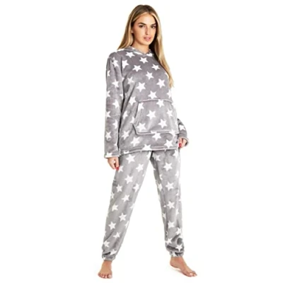 Image of CityComfort Womens Pyjamas, Hooded Fleece Pyjamas Women and Teens, Fluffy Loungewear Set, Cosy PJs (Grey Star, M)