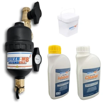 Image of Boiler m8 Defender 2 22mm Magnetic Filter Central Heating Inhibitor and Cleaner Concentrate Pack Fluid Prevents Corrosion Lime Scale Improves Efficiency