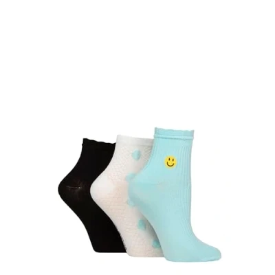 Image of Elle Ladies Bamboo Anklet Socks With Frill Welt Cuff, Embroidered Motifs, Textured Weaves,Ribbed in Soft Breathable Cooling Material Multipack of 3 Pairs Size 4 8 Smiley Face