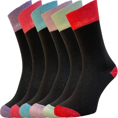 Image of ZombaFlo 6 Pairs Diabetic Socks for Women Non Elastic Cotton Rich Gentle Grip Soft Top UK 4 7 Multipack (Standard, Colourful heel &amp; Toe)