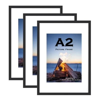Image of Black Wooden Picture Frame A2(42x59.4cm) with Mat,Set of 3, Mount for A3 or Certificate,Wall Mountable