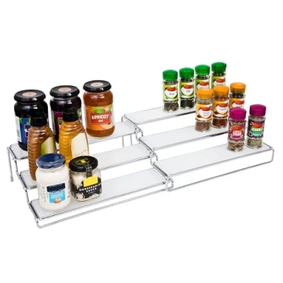 Image of Amtido Spice Rack Inside Kitchen Cupboard Organiser Free Standing 3 Tier Expandable Shelves Stand Pantry Holder for Herbs, Seasoning, Jars Bottles Storage Chrome