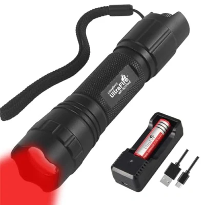 Image of ULTRAFIRE Red LED Torch 620 630nm Hunting Light, Stepless Dimming Light with Rechargeable Battery and Charger, Zoomable Predator for Night Vision, 501R