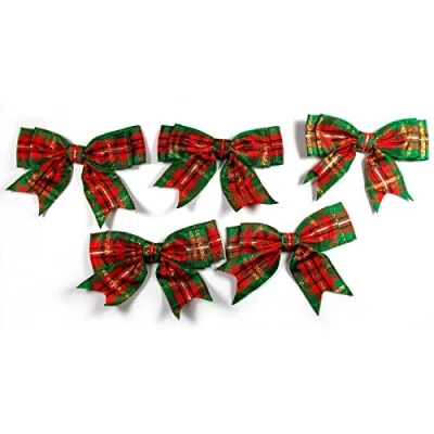 Image of Large Satin Ribbon Double Bows 8cm Wide Pack of 5 (Tartan Green)