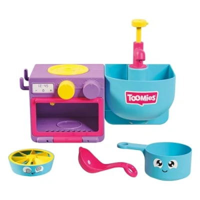 Image of Toomies E73264 Bubble &amp; Bake Bathtime, Bath Toddlers, Kitchen Themed Making Toy, 2 in 1 Set, Kids Water Play Suitable for 18 M 3 4 Year Old Boys Girls, Multicoloured, 21 X 28 15 cm