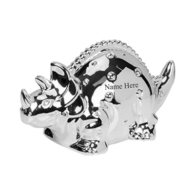 Image of [Custom] Personalised Engraved Silver plated Dinosaur Bank Money Box Christening / Birthday Baby Gift