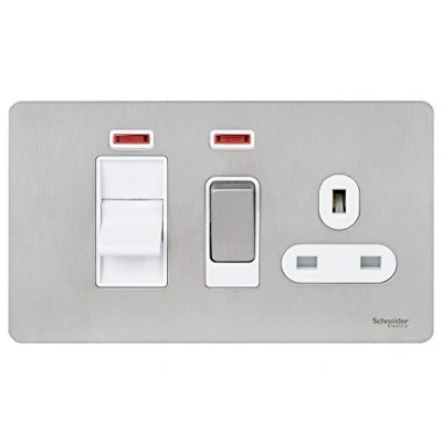 Image of Schneider Electric Ultimate Screwless Flat Plate Switched Cooker Control Unit with 13A Single Power Socket, Neon Indicator, 45A, GU4401WSS, Stainless Steel White Insert
