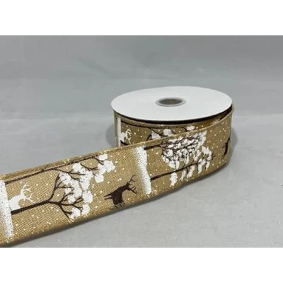 Image of 2 Meters x 38mm Wired Ribbon Natural Deer Christmas Hessian Style 3.8cm