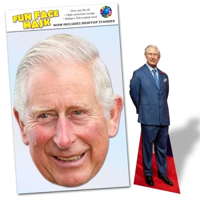 Image of Party People 1 x King Charles III Ready To Wear Celebrity Face Mask Includes Freestanding 20cm Desktop Standee Card Cutout C