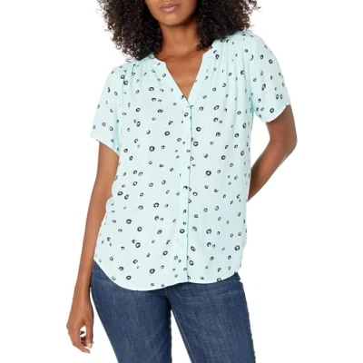 Image of Amazon Essentials Women&#039;s Short Sleeve Woven Blouse, Aqua Blue Poppy, XXL