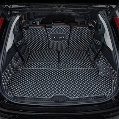 Image of SERTUV Leather Car Rear Trunk Boot Mats Liner, for Volvo XC90 2015 2022 2023 7 Seats Auto Full Coverage Carpets Customization Boots Tray Accessories,BlackBeige 1Set