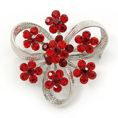 Image of Avalaya 3 Petal Ruby Red Crystal Flower Brooch in Rhodium Plating 40mm Across